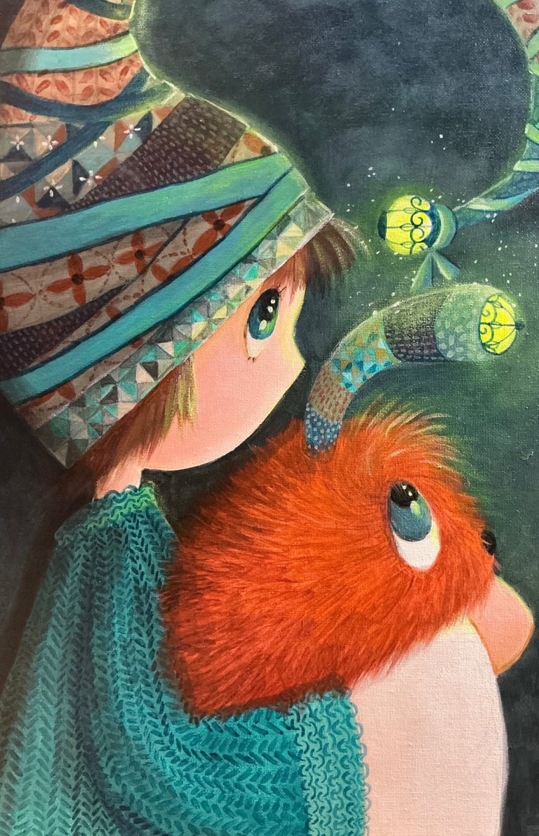 Tableau lutin et petit monstre lumineux