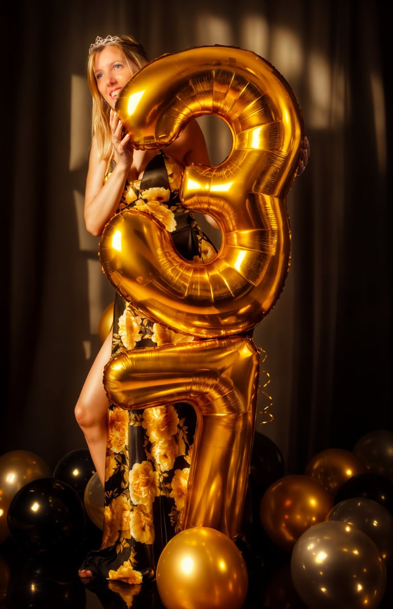 a woman holding a giant gold number eight