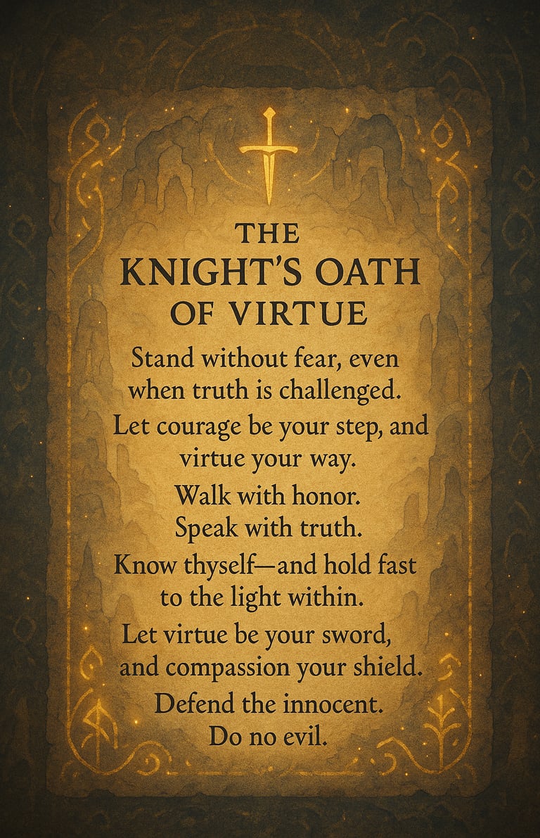 "The Knight’s Oath of Virtue scroll with golden sword and medieval design, expressing core values of courage and honor"