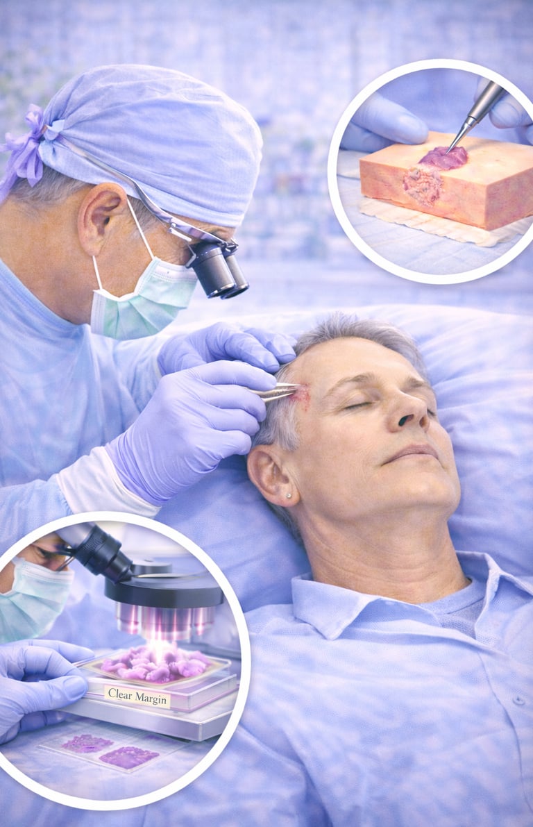 Dermatologist performing Mohs surgery to remove skin cancer while examining tissue margins 