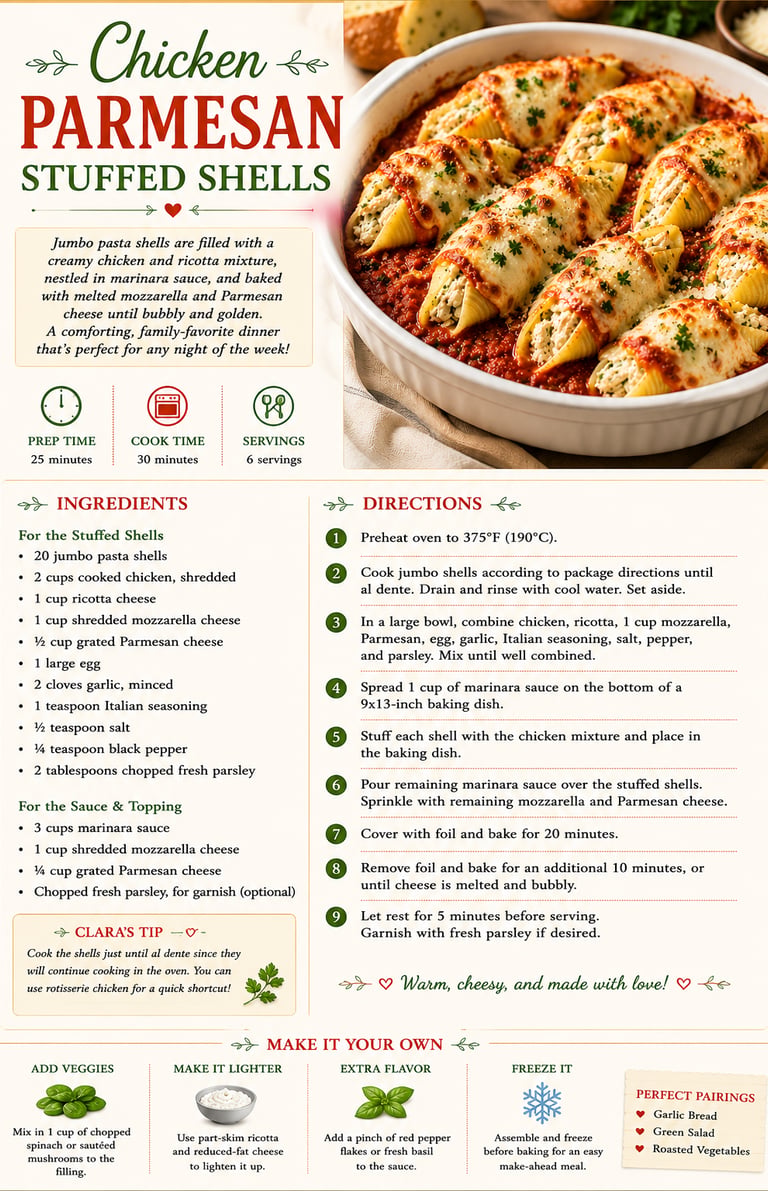 Chicken Parmesan stuffed shells recipe with ingredients and step-by-step baking instructions.