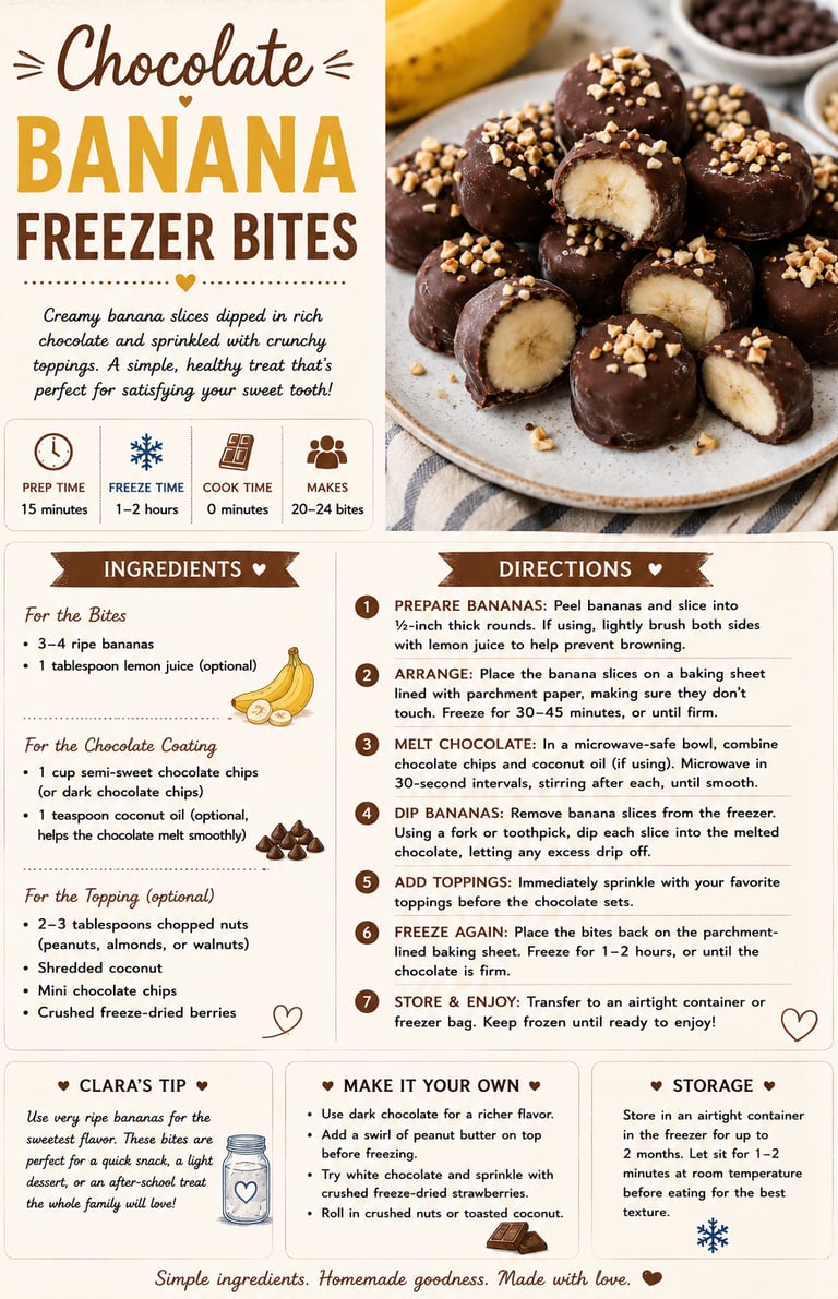 Chocolate Banana Freezer Bites recipe card featuring a photo of chocolate-dipped banana slices with nuts.