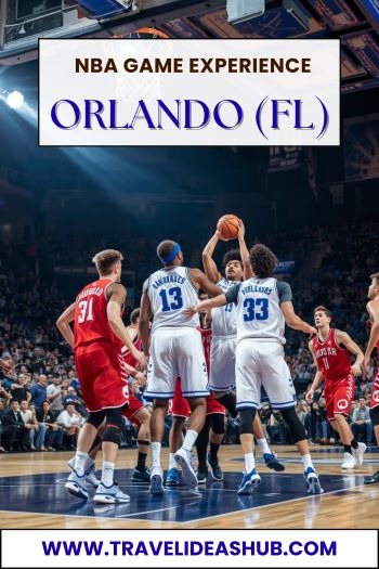 Professional basketball players in action during an NBA game experience in Orlando, Florida.