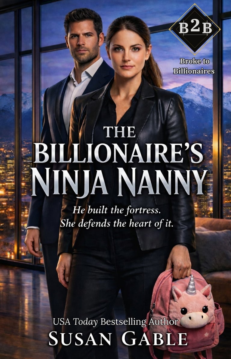 Romance book cover for The Billionaire's Ninja Nanny by Susan Gable featuring a man and woman in a high-rise city view.