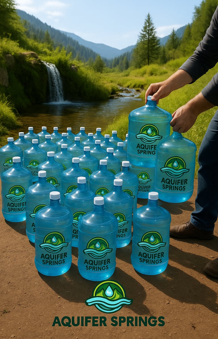 Fifty Aquifer Springs jugs with logo, man’s arms and leg, by waterfall, mountains, trees, and greene
