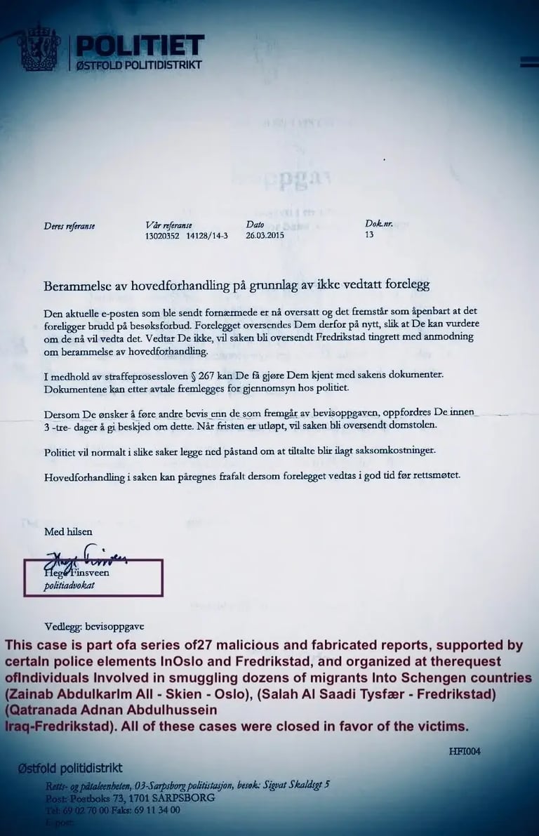 hege finsveen,fredrikstad politi,salah hassan al-saadi,zainab abdulkarim,Qatranada Adnan Abdulhussei