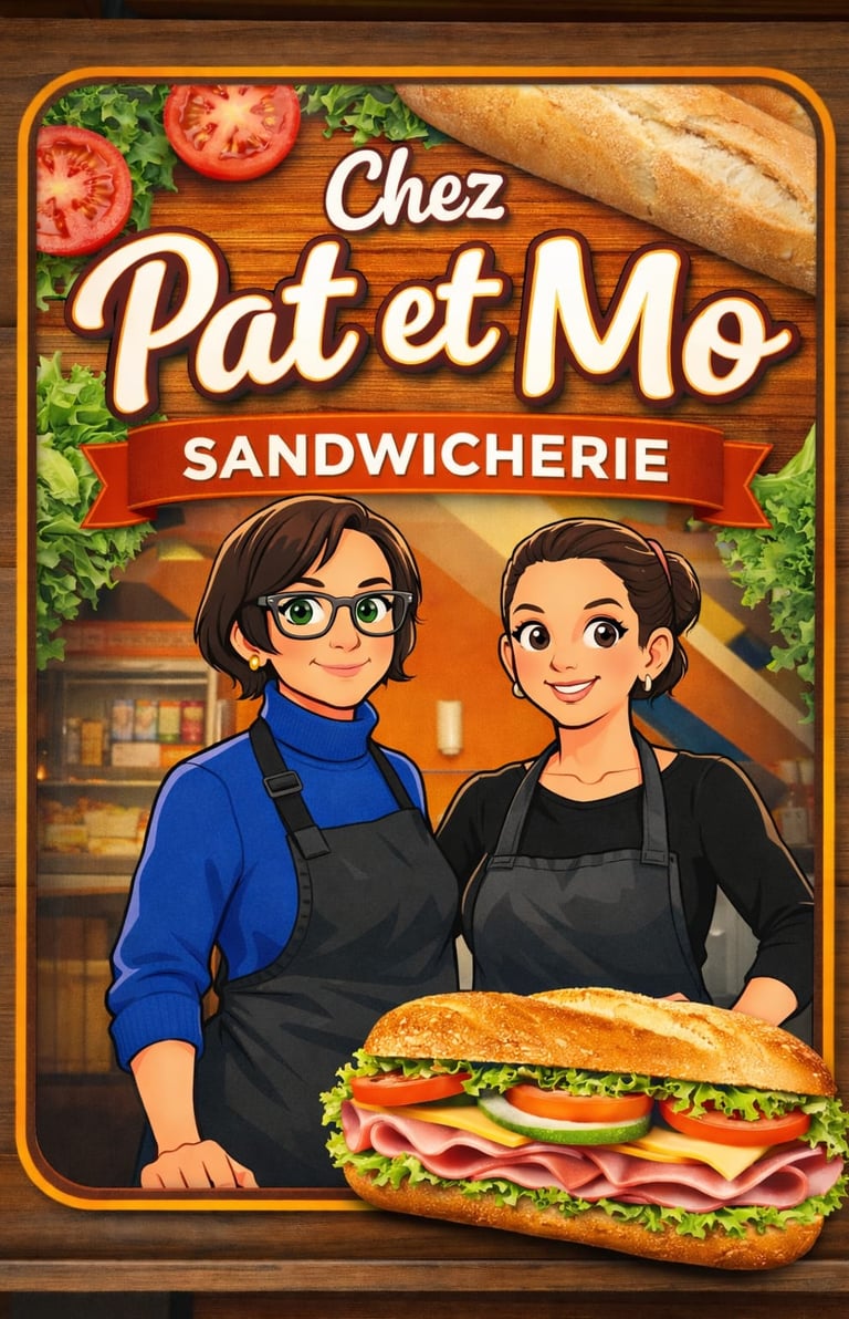 Enseigne illustrée pour Chez Pat et Mo Sandwicherie représentant deux femmes en tablier avec un sand