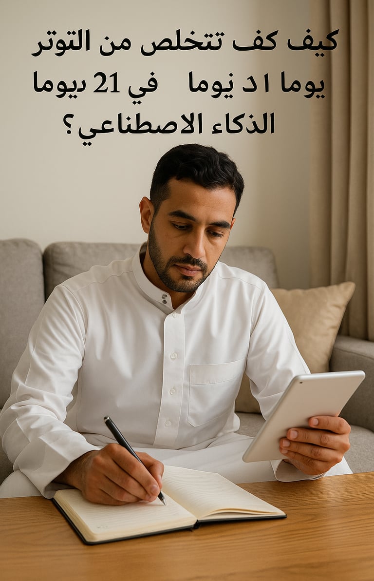 "رجل سعودي يستخدم الذكاء الاصطناعي على الحاسوب لتقليل التوتر وتحسين الصحة النفسية — التوازن بين التك