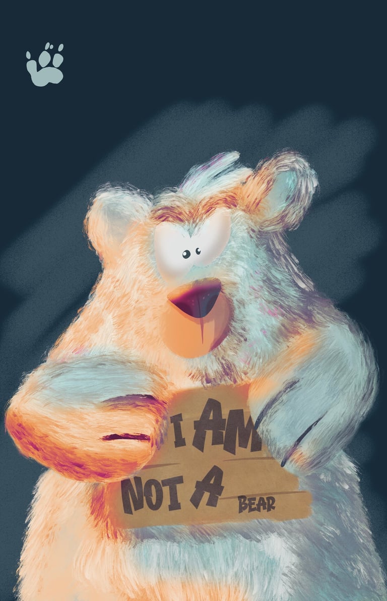A charming illustrated bear with fuzzy blue fur holding a sign that says I am not a bear .