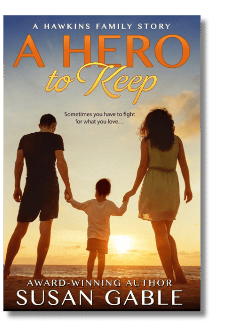 A Hero to Keep cover - man, woman, and child, holding hands on beach at sunset
