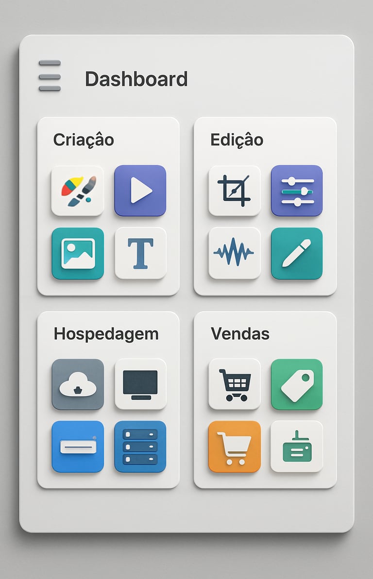 Dashboard-ferramentas-digitais-organizadas-categoria-criação-edição-hospedagem-vendas