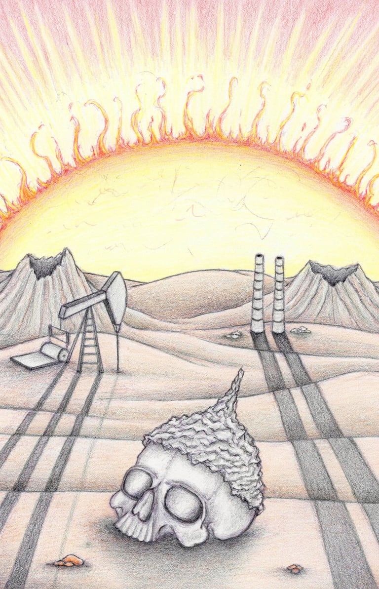 Skull with foil hat on a barren landscape with old oil rig, chimneys and bloated sun