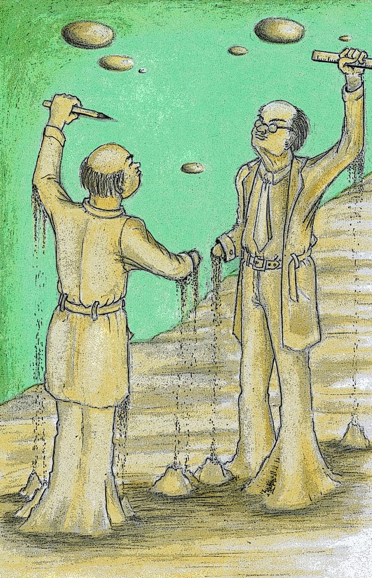 two sand figures with hands raised, disintegrating