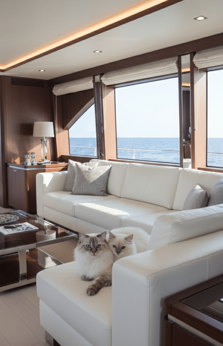 Gatti Sacri di Birmania sul divano di uno Yacht.