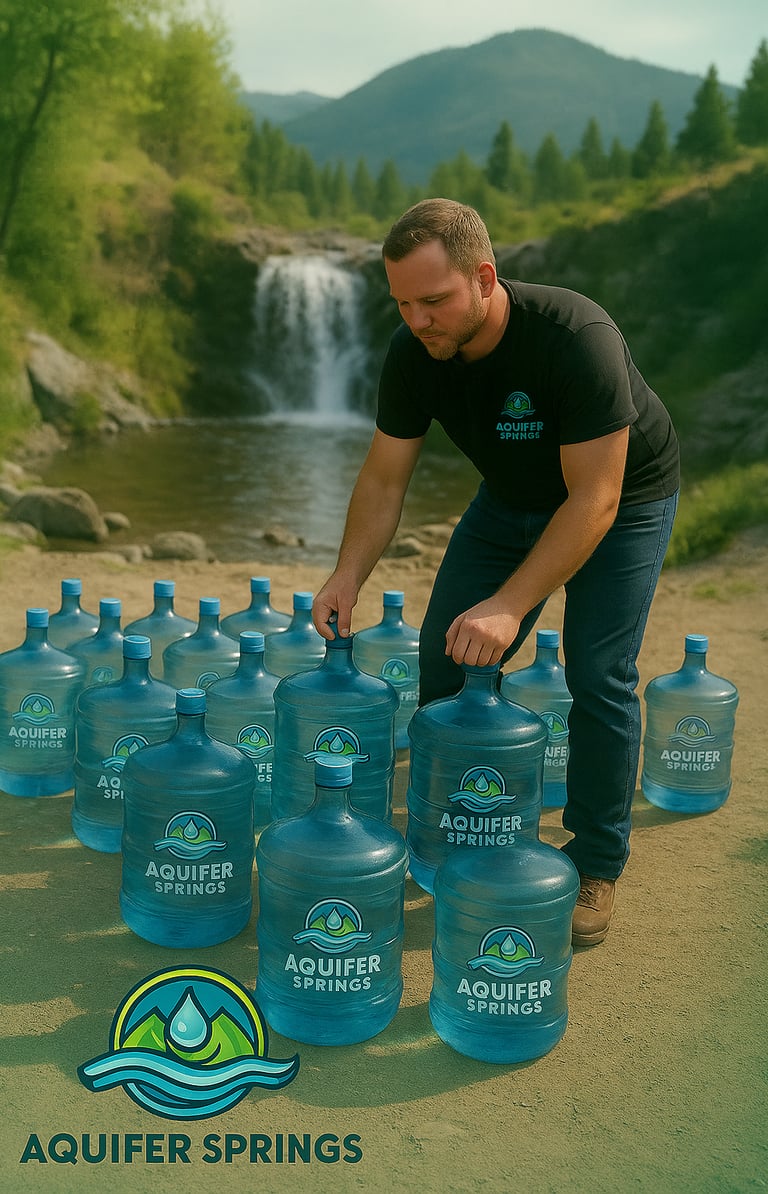 Twenty Aquifer Springs jugs and a man in branded shirt beside a waterfall, forest, and mountains