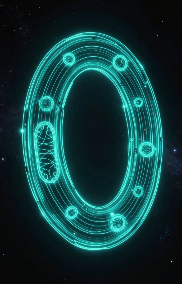 Glowing toroidal field diagram with neon cyan and ultraviolet lines, superimposed on a dark, cosmic background, representing both galactic and cellular structures, dramatic edge lighting.