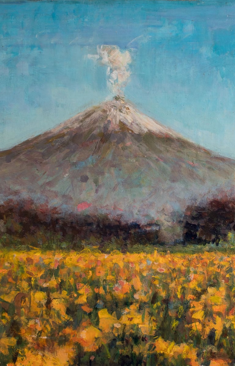 Pintura al óleo del popocatépetl con fumarola frente a un campo de flores