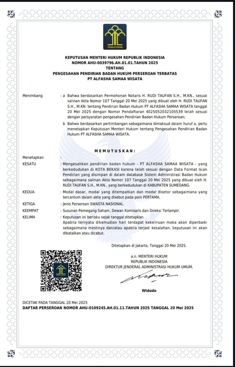 Legalitas resmi PT Alfasha Samaa Wisata