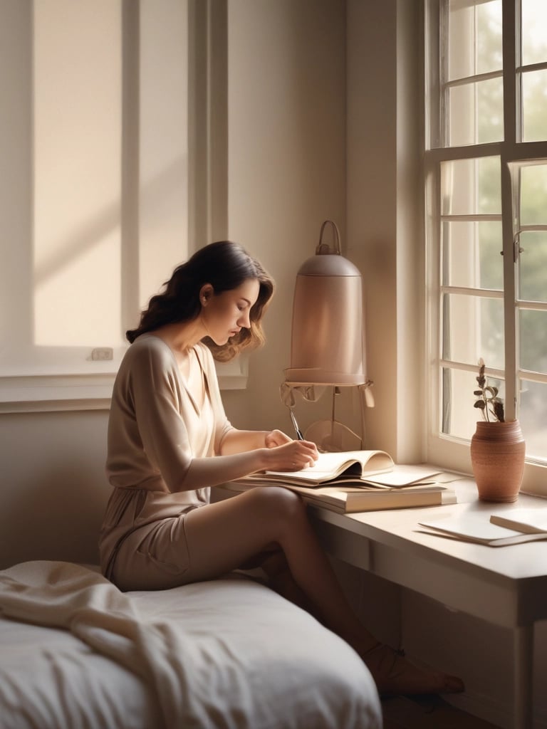 Soft nude and beige background with a confident woman smiling gently, embodying self-love and empowerment
