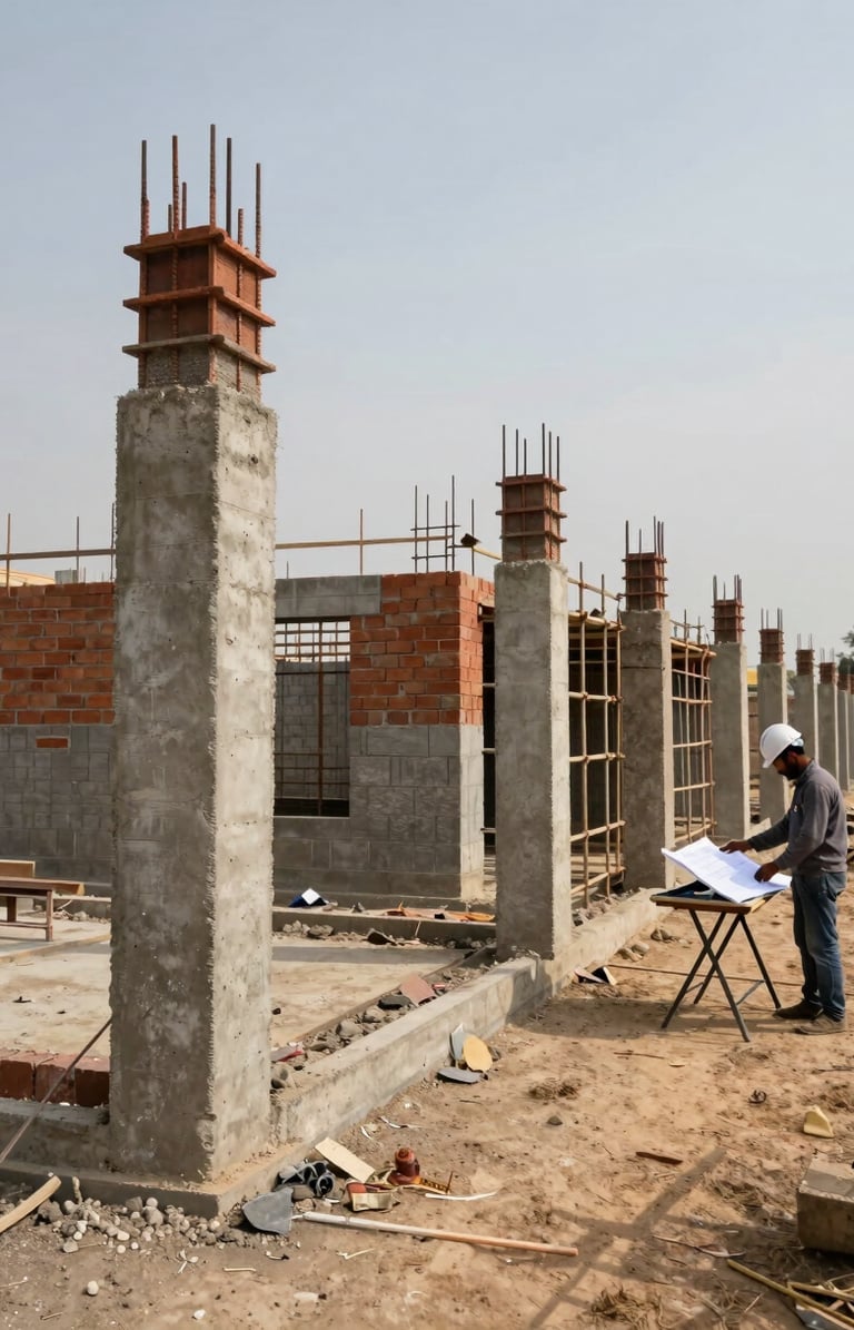 Wide shot of an active residential construction site in Jaipur under overcast daylight — exposed concrete column formwork in the foreground, brick masonry partially completed in the mid-ground, construction scaffolding receding to the right, a worker in a hard hat reviewing a blueprint at a folding table, dry Rajasthani terrain visible at the site perimeter
