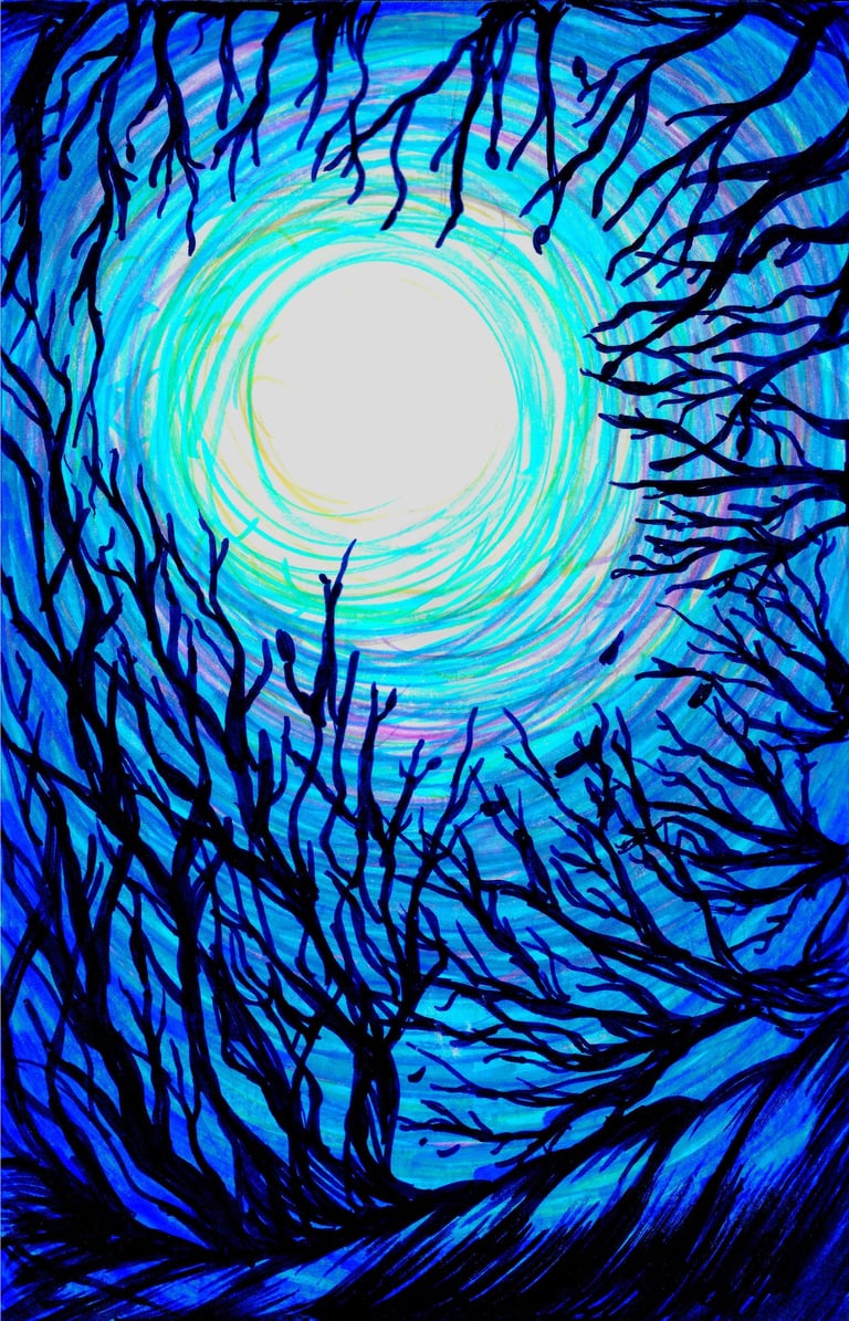 a marker drawing of a twilight forest with full moon, blue, black, white