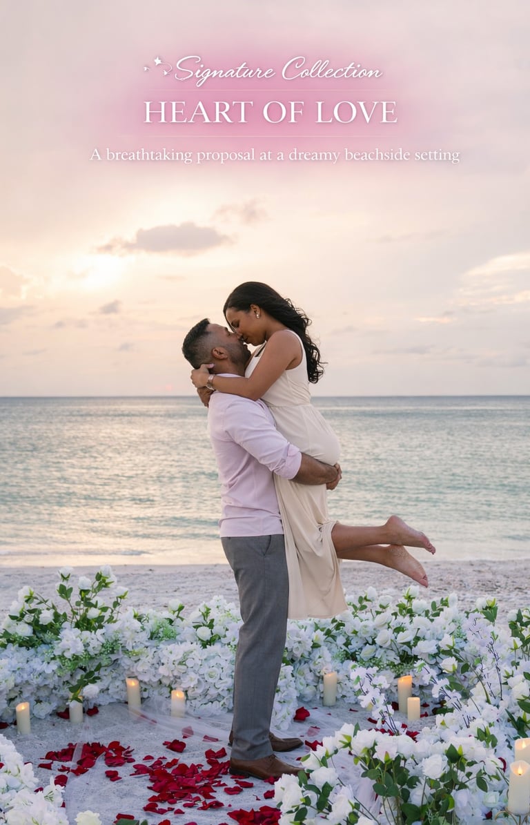A romantic beachside marriage proposal with a couple embracing among white flowers and candles.