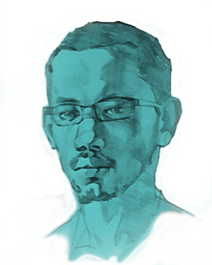 a man with glasses on a blue background