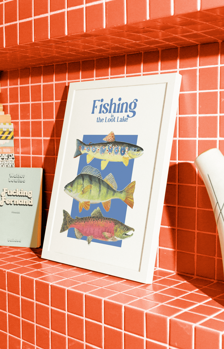 Poster Fishing in the loot lake orange tiles background