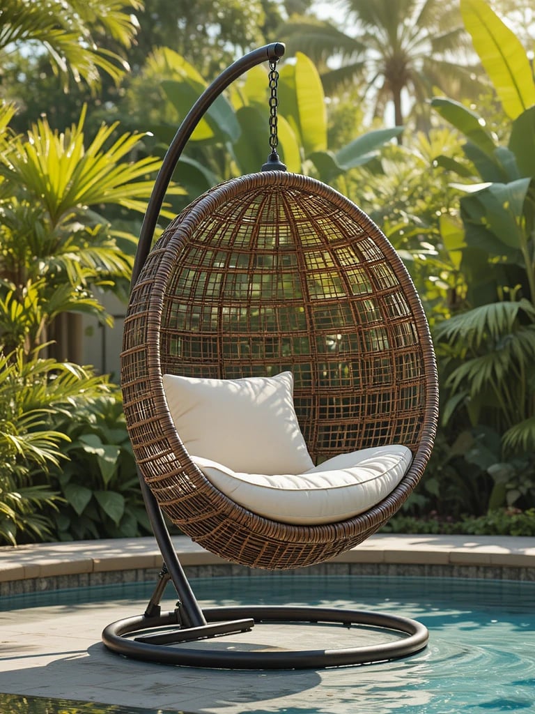 ound wicker hanging egg chair with a cream cushion on a freestanding stand beside an above ground po
