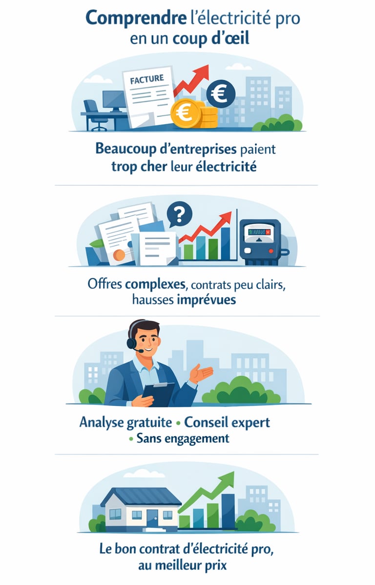 infographie tout comprendre contrat électricité pour les professionnel commercant entreprise