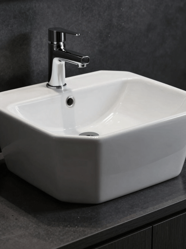Orthographic studio shot of a modern geometric washbasin, crisp white ceramic against a dark charcoal backdrop, sharp structural lines.