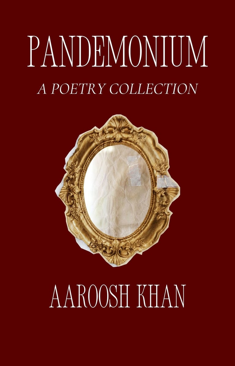 the image displays a dark red background with a gold-border mirror in the center. the book's name shows the word PANDEMONIUM