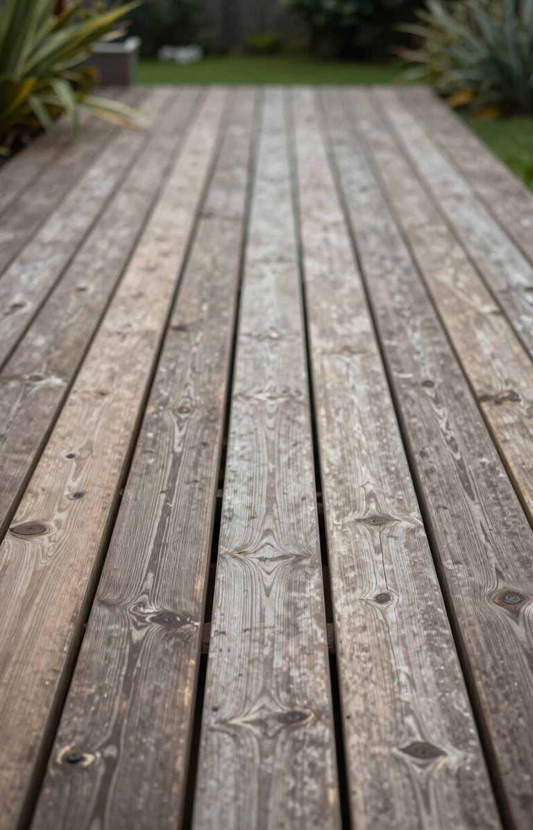 Wide shot of a wooden terrace built into a garden setting, overcast northern light, weathered grain visible across the deck planks, no people, green vegetation blurred at the edges, camera low and close to the wood surface