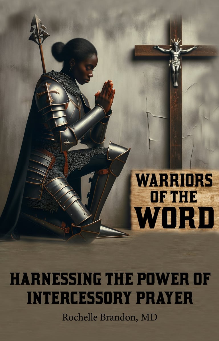 Armored African woman kneeling before a cross