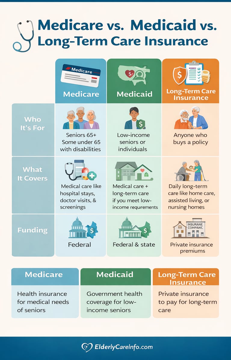Compares Medicare, Medicaid and Long-Term Care Insurance
