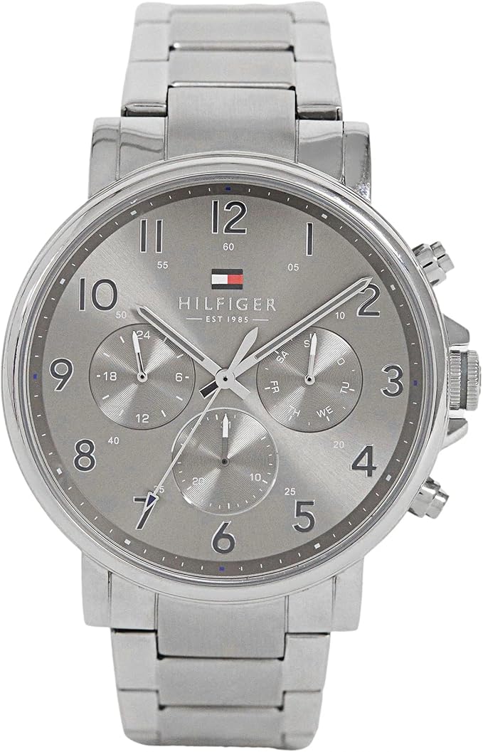 Tommy Hilfiger men's silver chronograph watch with stainless steel link bracelet and grey sunray dial.