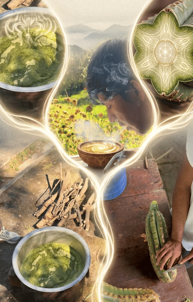 San Pedro cactus ceremony preparation showing Huachuma brewing in a pot and shamanic rituals.