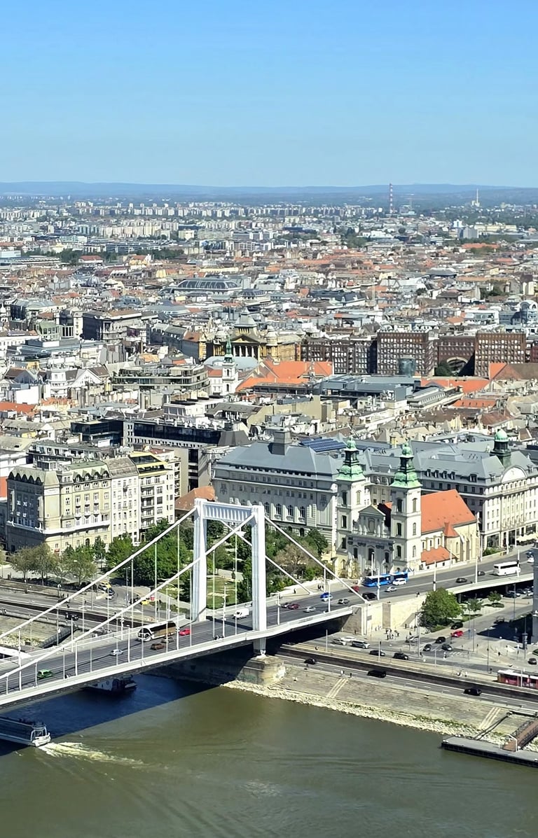 Widok na Most Elżbiety i Peszt z Góry Gellerta