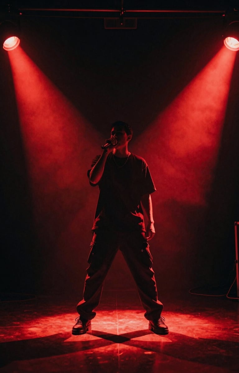 Low-angle heroic 35mm shot of a music video production, a lead artist performing under dramatic red spotlights, heavy shadows.