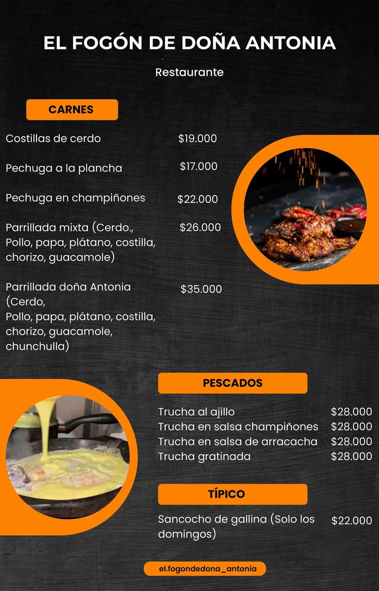 Menú de Carnes y pescados en el Restaurante El Fogón de Doña Antonia