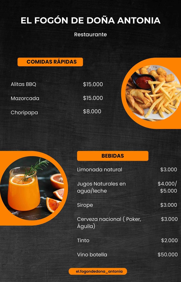 nebú de comidas rapidas y bebidas en el Restaurante El Fogón de Doña Antonia