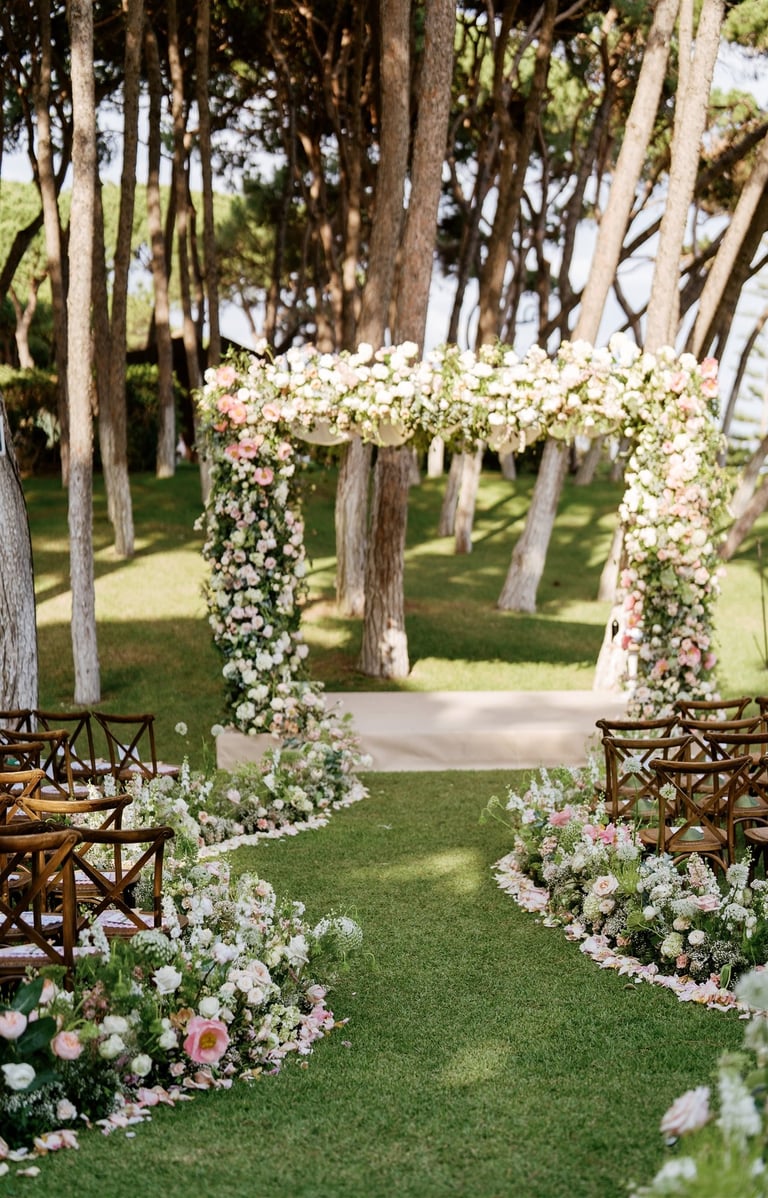 Wedding ceremony setup at Villa El Rincon with floral arch and garden seating