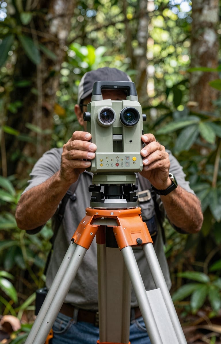 Professional surveyor adjusting a high-tech GNSS receiver on a tripod in a lush, sun-drenched Panamanian jungle clearing, sharp technical focus, 35mm