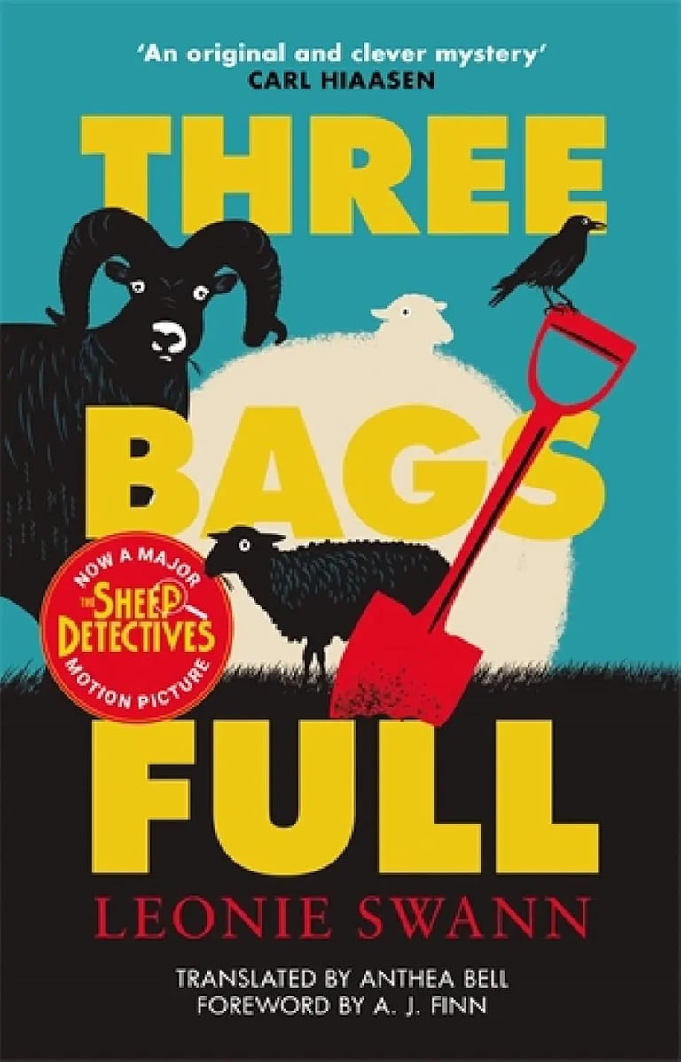 Book cover for Three Bags Full by Leonie Swann featuring a mystery novel illustration of sheep and a shovel.