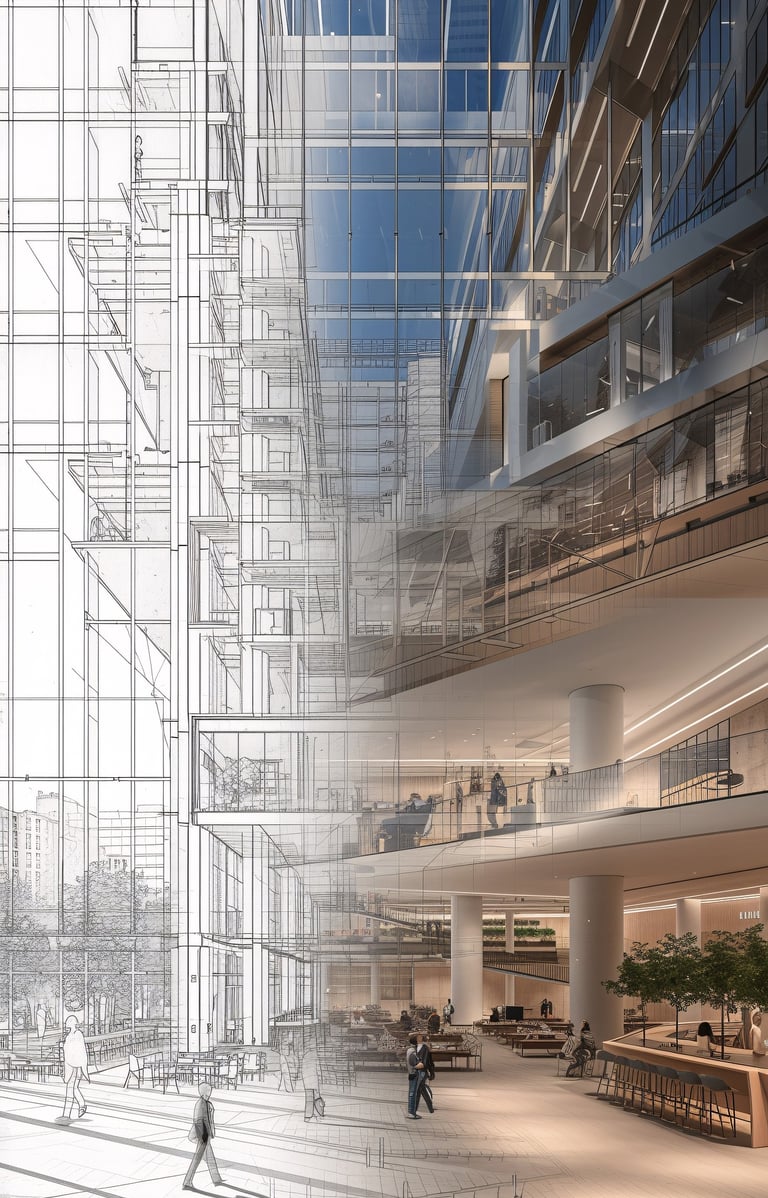 Dibujo de un edificio en construcción junto a uno terminado, simbolizando el crecimiento de la sede.