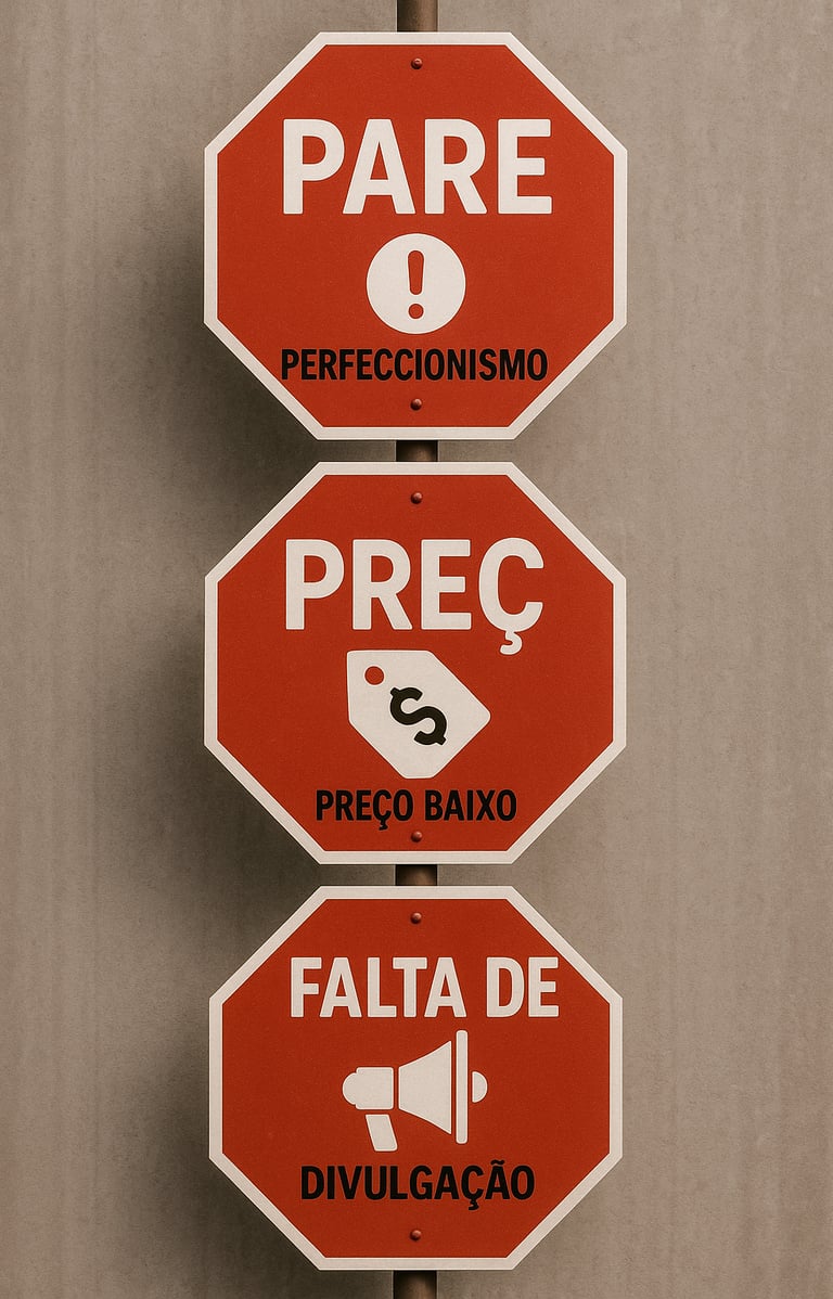 placas-PARE-sinais-alerta-cada-uma-representando-erro-perfeccionismo-preço baixo-falta-divulgação
