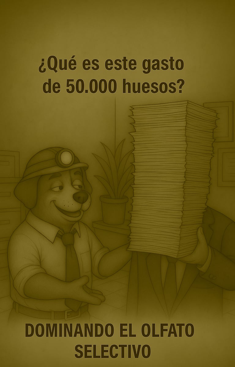 Ilustración de un perro con casco de minero preguntando '¿Qué es este gasto de 50.000 huesos?'. Otro