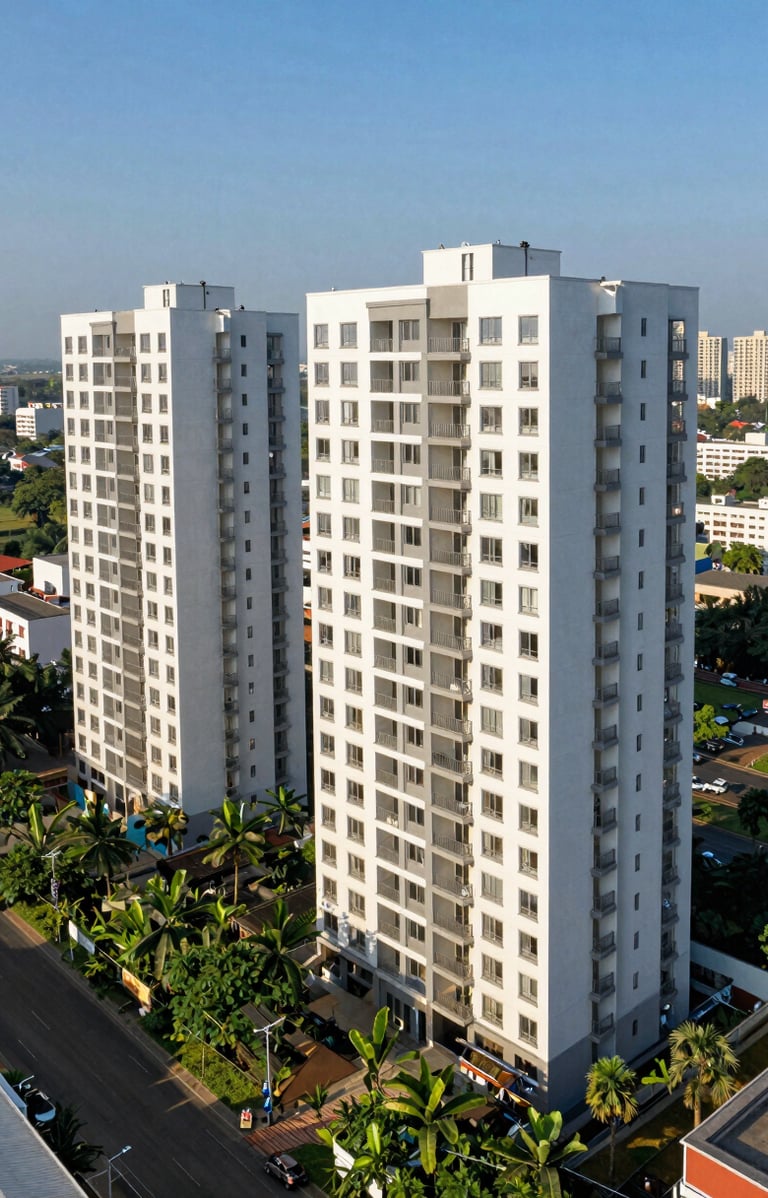 A high-angle view of a clean, contemporary residential apartment complex in an Indian city, with lush green surroundings and clear blue sky, architectural photography.