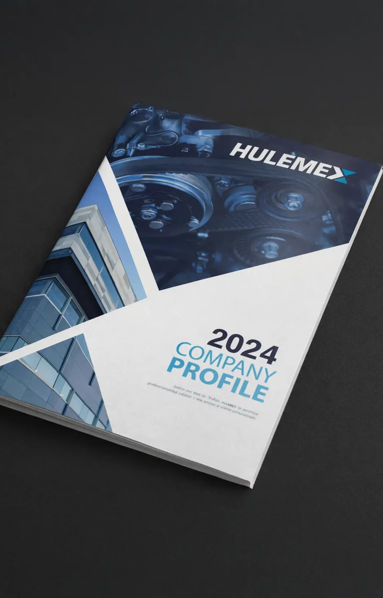 Copertina company profile Hulemex 2024 con edificio industriale e dettagli meccanici coordinati.
