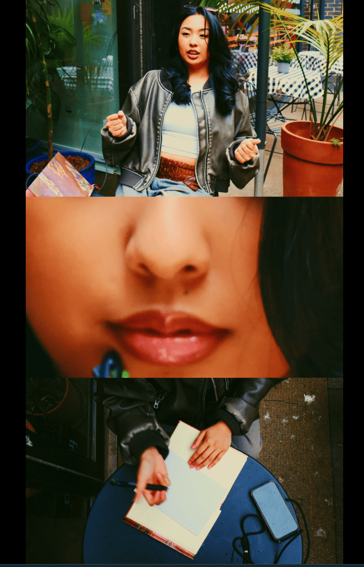 a picture of 3 shots of a Filipino girl in a video production